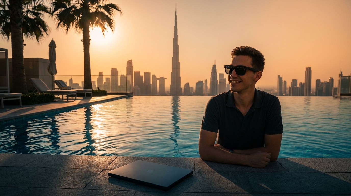 Rooftop infinity pool in Dubai at sunset
